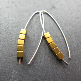gold hematite earrings. cube jewelry in gold and sterling silver earrings. mixed metal jewelry.