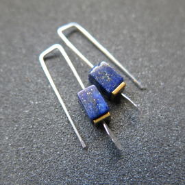 small lapis lazuli earrings. navy blue and gold hematite jewelry. rectangle earrings. made in Calgary