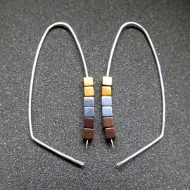 gold, silver and copper earrings. modern cube hematite hoops. metallic jewelry.