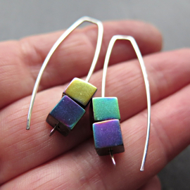 rainbow hematite earrings in sterling silver. modern cube earrings.1 1/2” drop earrings. splurge jewelry.