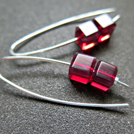 modern red earrings. crystal cube jewelry. 15th wedding anniversary gift of crystal.