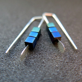blue earrings. green jewelry. indigo, blue and green hematite beads. small earings.