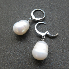 white pearl drop earrings. large freshwater pearl dangles. hypoallergenic stainless steel hoops. made in Canada.