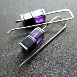 amethyst and black onyx earrings with hematite. hypoallergenic niobium for sensitive ears. modern cube jewelry.