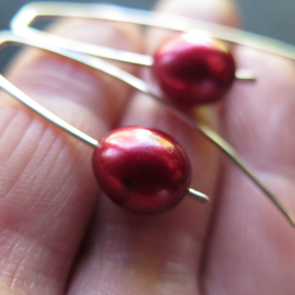 red pearl earrings in sterling silver. modern freshwater pearl jewelry. 1 1/2” drop earrings. made in Calgary, Canada