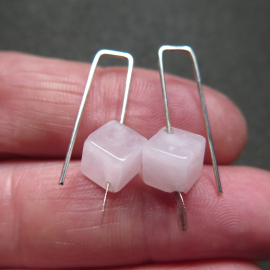 small rose quartz earrings in pale pink and silver. quartz jewelry. cube earrings for women