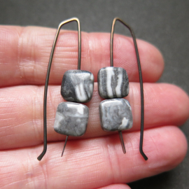 Sample Sale. zebra jasper earrings in bronze niobium. square stone earrings. anodized jewelry for sensitive ears.